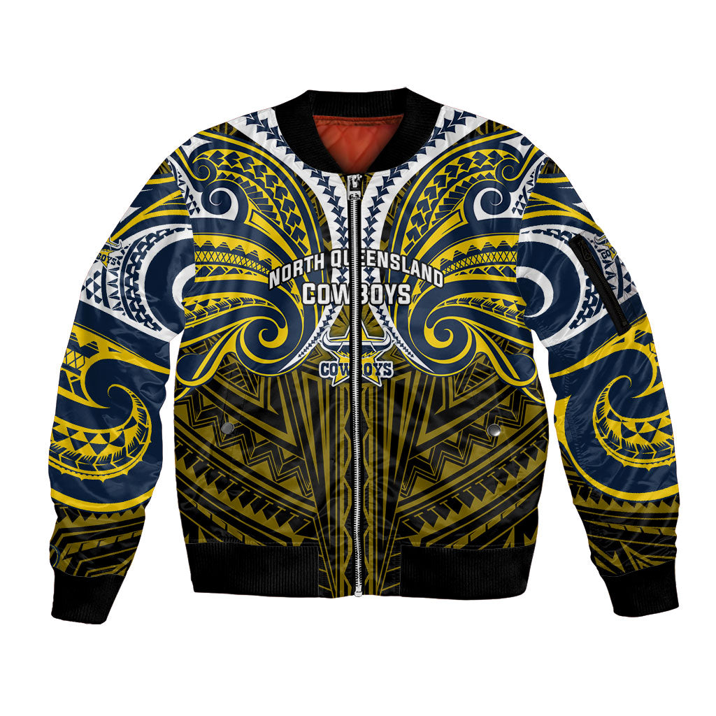 Custom North Queensland Cowboys Sleeve Zip Bomber Jacket Bull Warrior Polynesia Islander Rugby Mascot