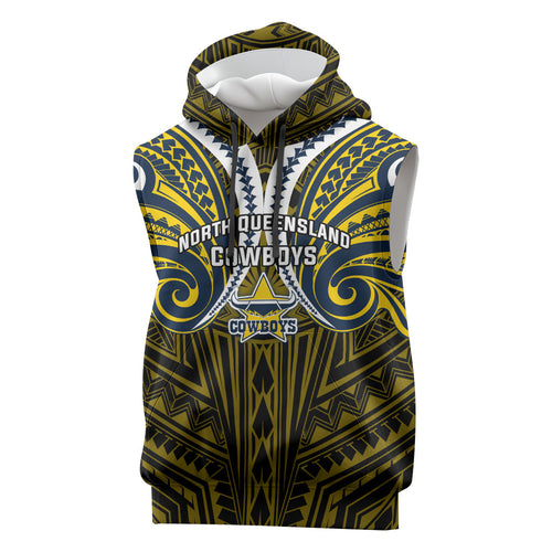 Custom North Queensland Cowboys Sleeveless Hoodie Bull Warrior Polynesia Islander Rugby Mascot