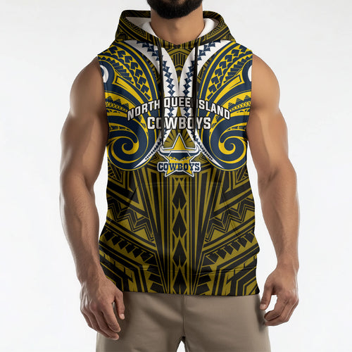 Custom North Queensland Cowboys Sleeveless Hoodie Bull Warrior Polynesia Islander Rugby Mascot