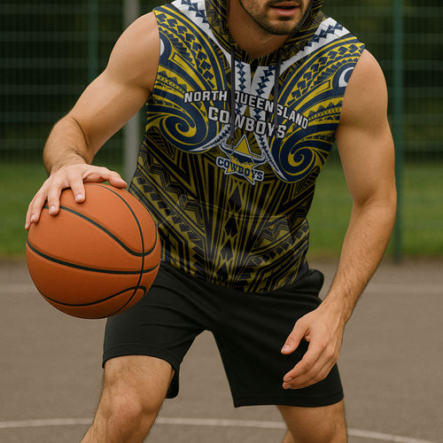 Custom North Queensland Cowboys Sleeveless Hoodie Bull Warrior Polynesia Islander Rugby Mascot