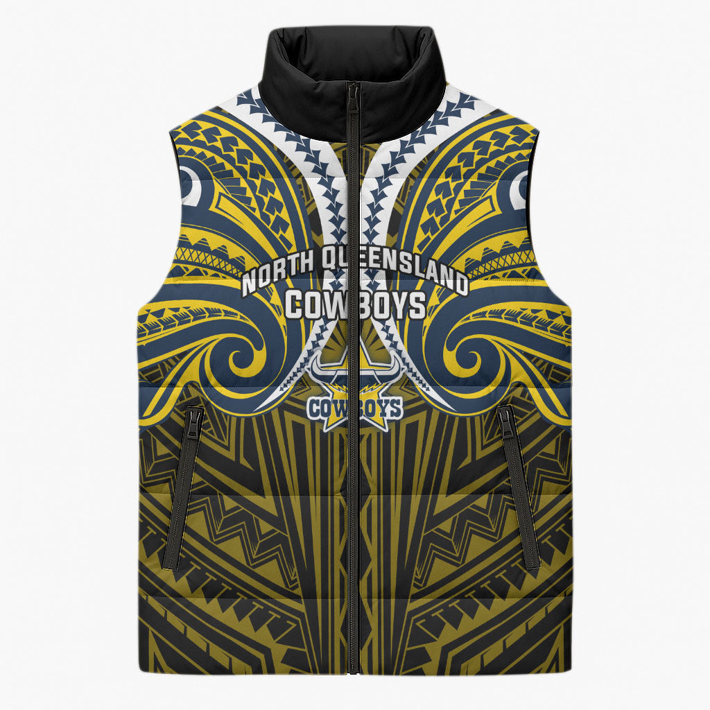Custom North Queensland Cowboys Sleeveless Puffer Jacket Bull Warrior Polynesia Islander Rugby Mascot