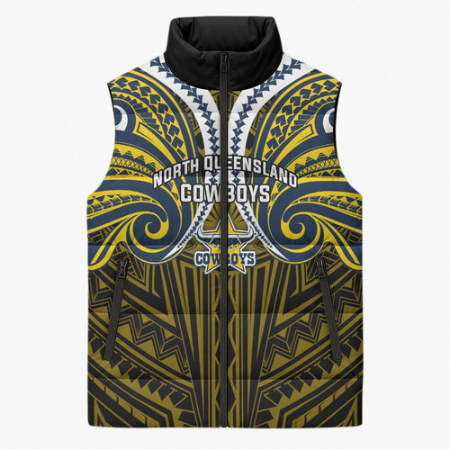 Custom North Queensland Cowboys Sleeveless Puffer Jacket Bull Warrior Polynesia Islander Rugby Mascot