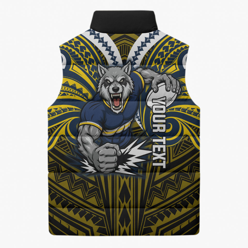Custom North Queensland Cowboys Sleeveless Puffer Jacket Bull Warrior Polynesia Islander Rugby Mascot