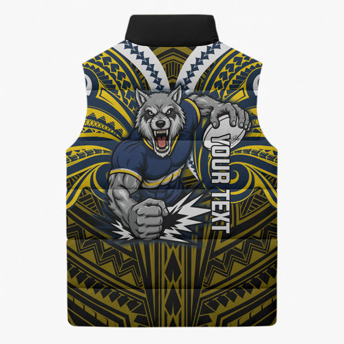 Custom North Queensland Cowboys Sleeveless Puffer Jacket Bull Warrior Polynesia Islander Rugby Mascot