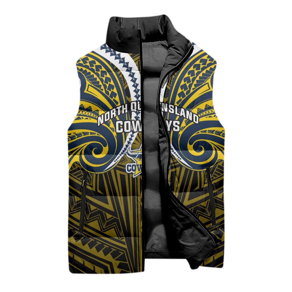 Custom North Queensland Cowboys Sleeveless Puffer Jacket Bull Warrior Polynesia Islander Rugby Mascot
