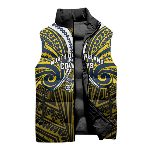 Custom North Queensland Cowboys Sleeveless Puffer Jacket Bull Warrior Polynesia Islander Rugby Mascot