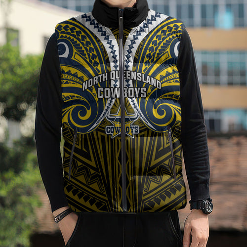 Custom North Queensland Cowboys Sleeveless Puffer Jacket Bull Warrior Polynesia Islander Rugby Mascot