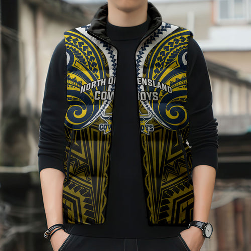 Custom North Queensland Cowboys Sleeveless Puffer Jacket Bull Warrior Polynesia Islander Rugby Mascot