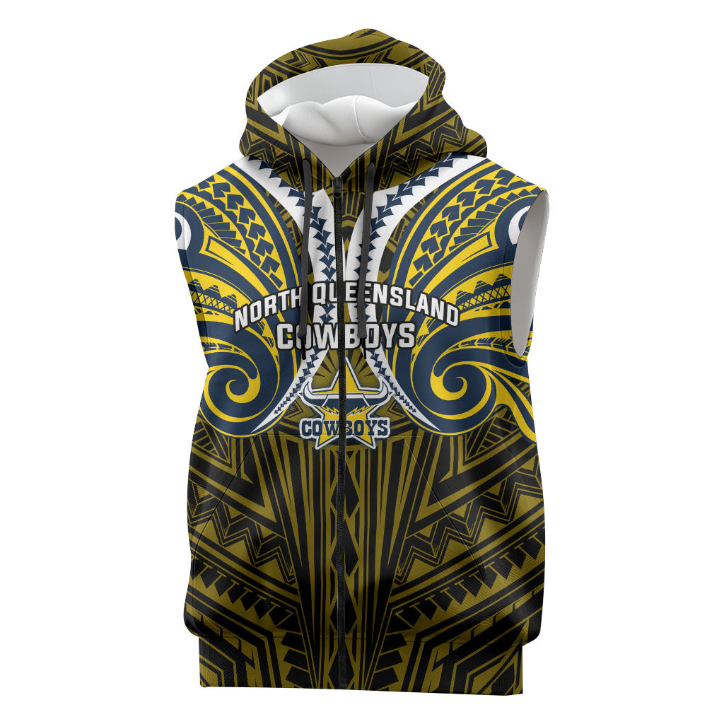 Custom North Queensland Cowboys Sleeveless Zip Hoodie Bull Warrior Polynesia Islander Rugby Mascot
