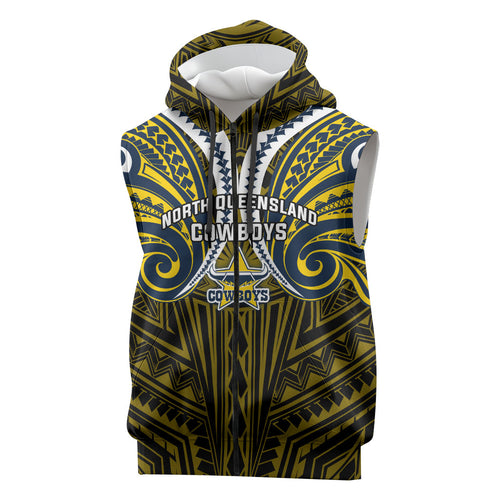 Custom North Queensland Cowboys Sleeveless Zip Hoodie Bull Warrior Polynesia Islander Rugby Mascot