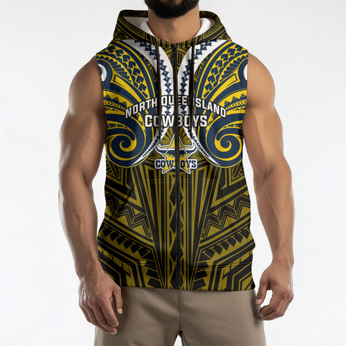 Custom North Queensland Cowboys Sleeveless Zip Hoodie Bull Warrior Polynesia Islander Rugby Mascot