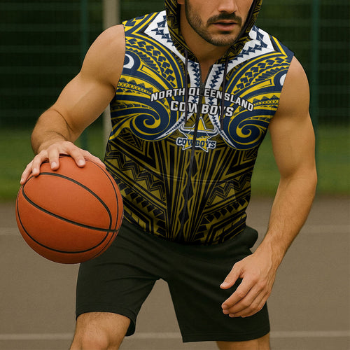 Custom North Queensland Cowboys Sleeveless Zip Hoodie Bull Warrior Polynesia Islander Rugby Mascot