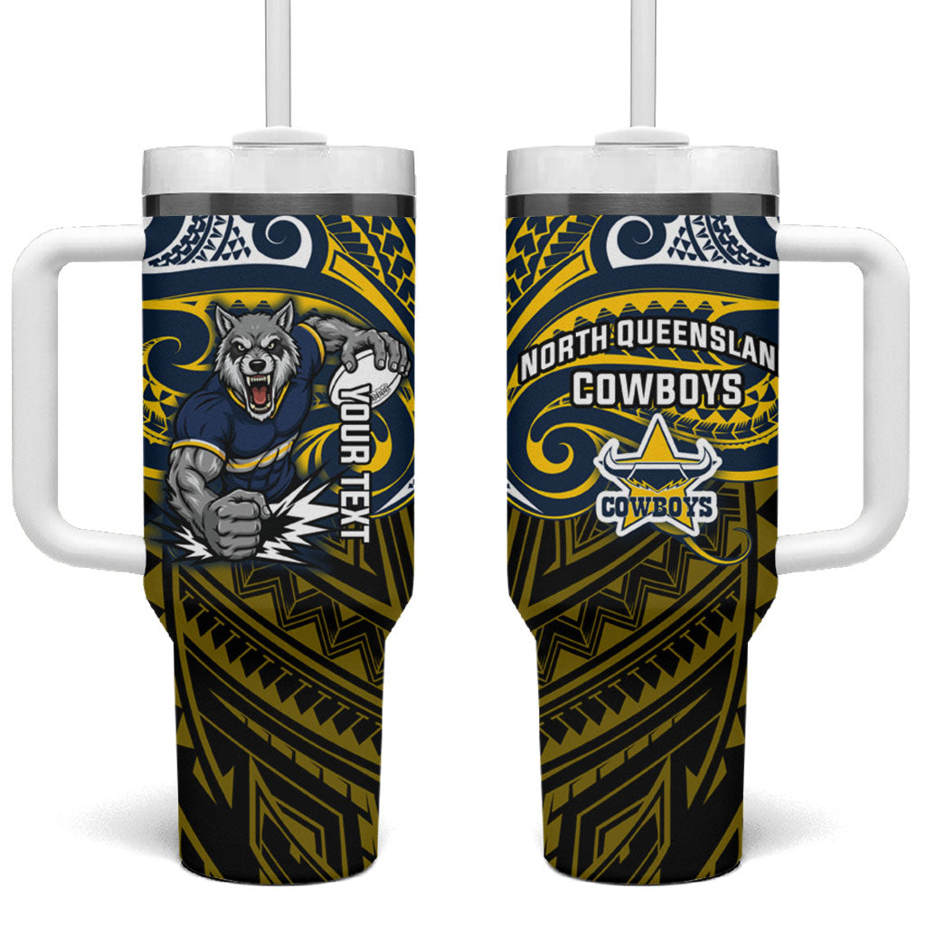 Custom North Queensland Cowboys Tumbler With Handle Bull Warrior Polynesia Islander Rugby Mascot
