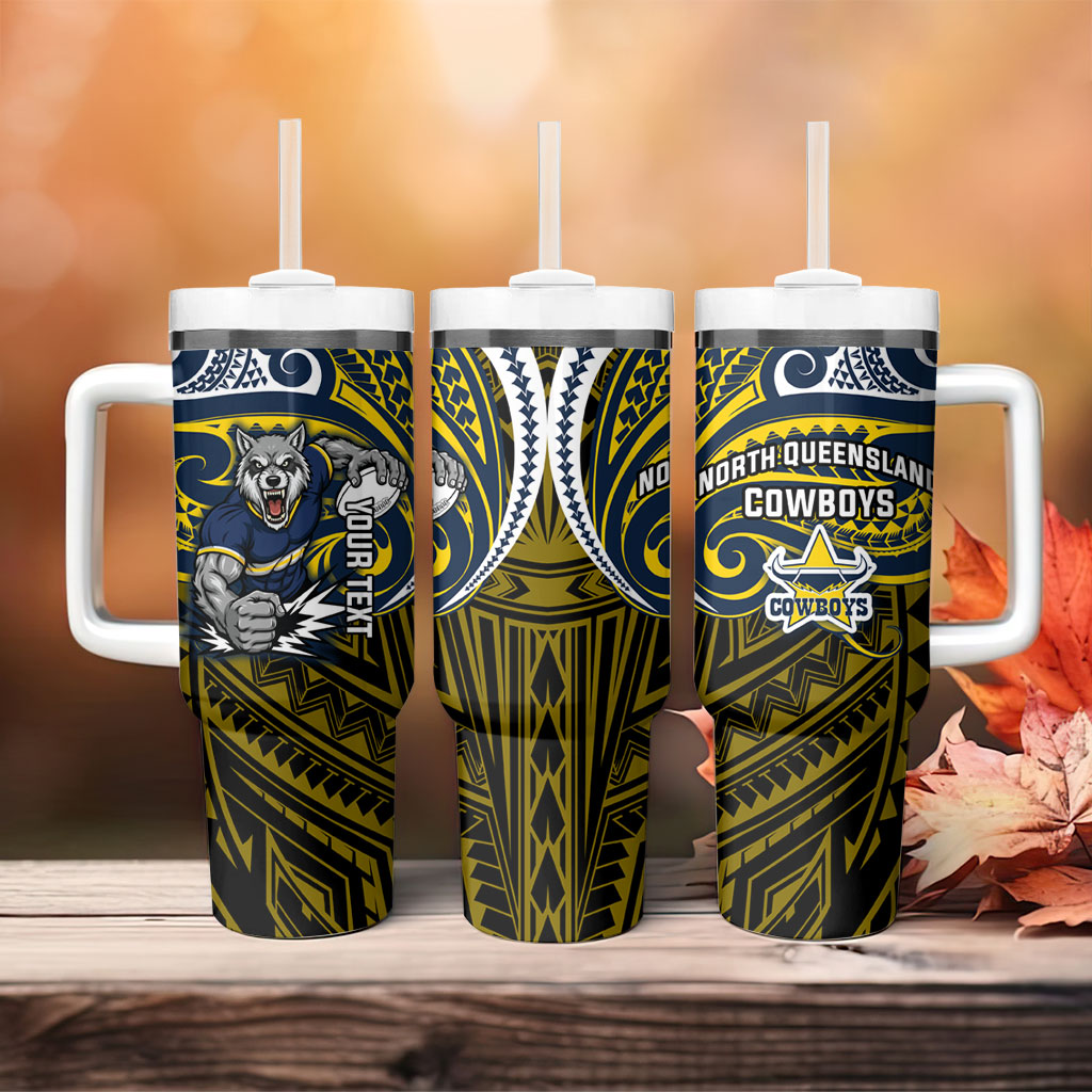 Custom North Queensland Cowboys Tumbler With Handle Bull Warrior Polynesia Islander Rugby Mascot