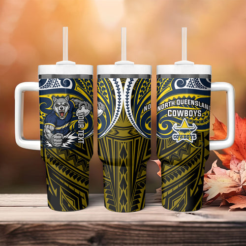 Custom North Queensland Cowboys Tumbler With Handle Bull Warrior Polynesia Islander Rugby Mascot