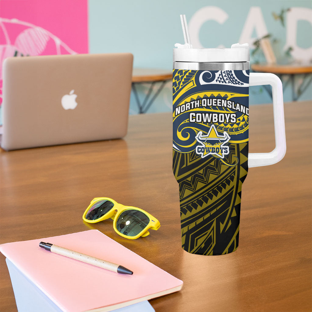 Custom North Queensland Cowboys Tumbler With Handle Bull Warrior Polynesia Islander Rugby Mascot