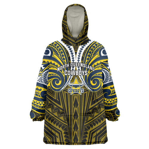 Custom North Queensland Cowboys Wearable Blanket Hoodie Bull Warrior Polynesia Islander Rugby Mascot