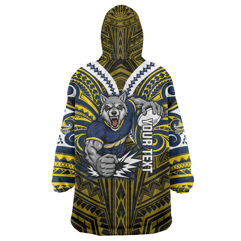 Custom North Queensland Cowboys Wearable Blanket Hoodie Bull Warrior Polynesia Islander Rugby Mascot