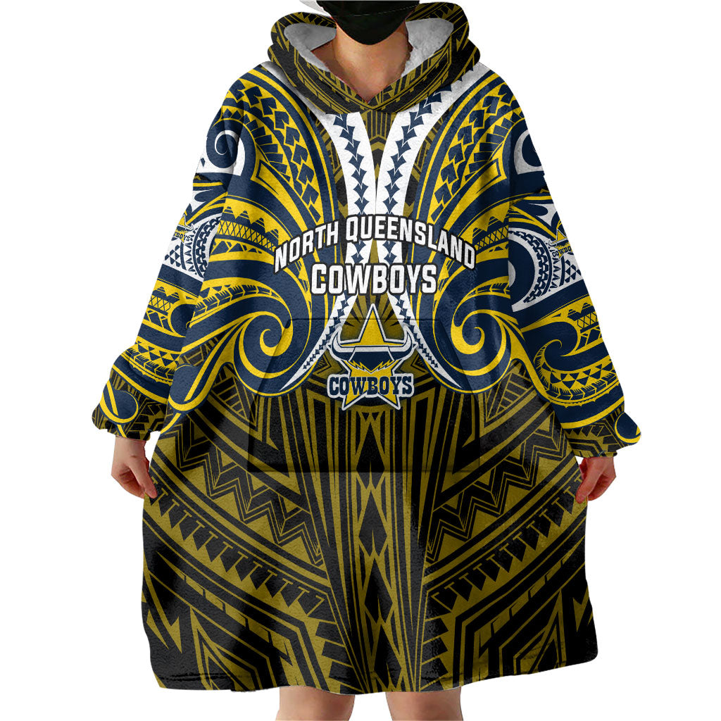 Custom North Queensland Cowboys Wearable Blanket Hoodie Bull Warrior Polynesia Islander Rugby Mascot