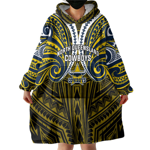 Custom North Queensland Cowboys Wearable Blanket Hoodie Bull Warrior Polynesia Islander Rugby Mascot