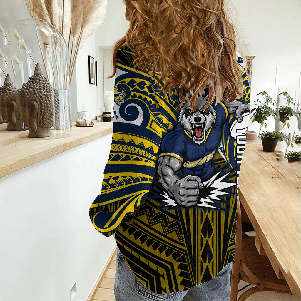 Custom North Queensland Cowboys Women Casual Shirt Bull Warrior Polynesia Islander Rugby Mascot
