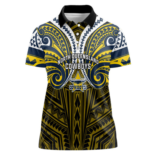 Custom North Queensland Cowboys Women Polo Shirt Bull Warrior Polynesia Islander Rugby Mascot