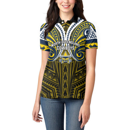 Custom North Queensland Cowboys Women Polo Shirt Bull Warrior Polynesia Islander Rugby Mascot