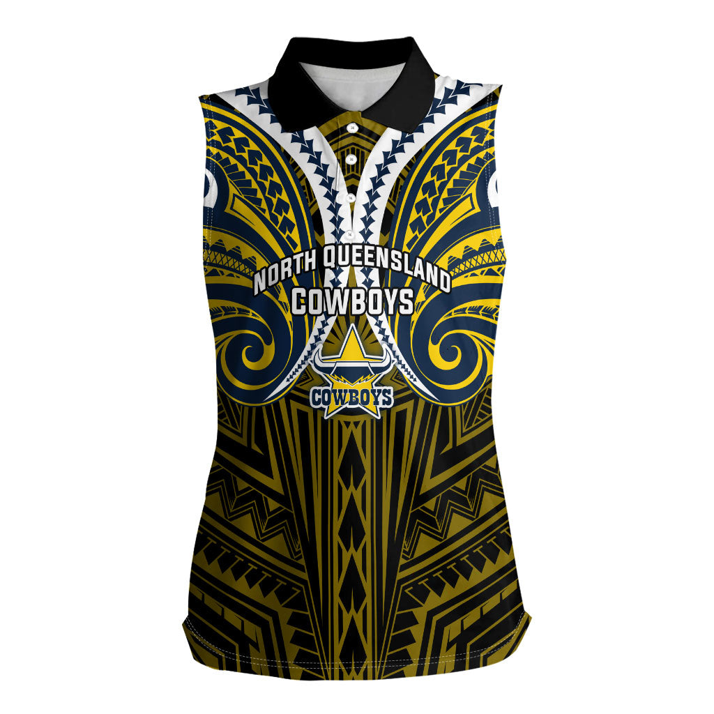 Custom North Queensland Cowboys Women Sleeveless Polo Shirt Bull Warrior Polynesia Islander Rugby Mascot