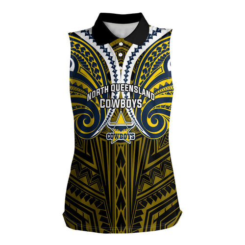 Custom North Queensland Cowboys Women Sleeveless Polo Shirt Bull Warrior Polynesia Islander Rugby Mascot