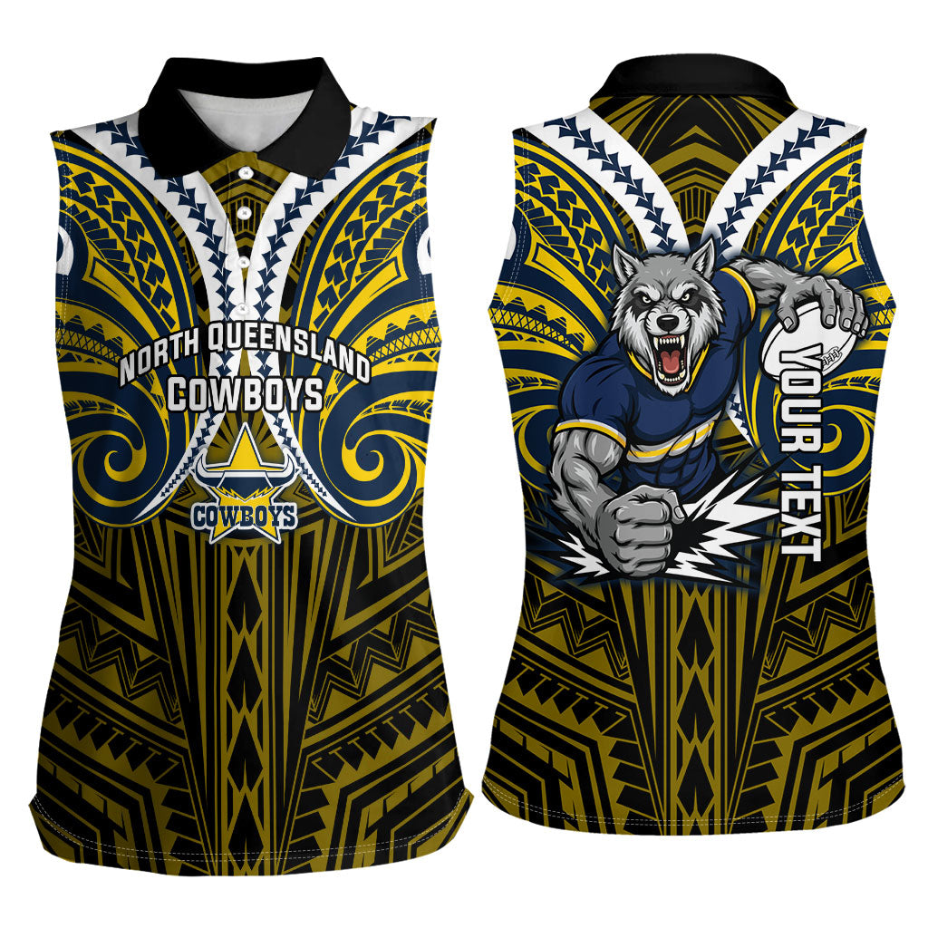Custom North Queensland Cowboys Women Sleeveless Polo Shirt Bull Warrior Polynesia Islander Rugby Mascot