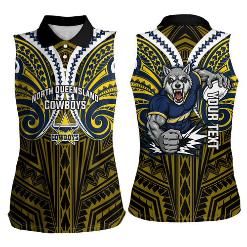 Custom North Queensland Cowboys Women Sleeveless Polo Shirt Bull Warrior Polynesia Islander Rugby Mascot