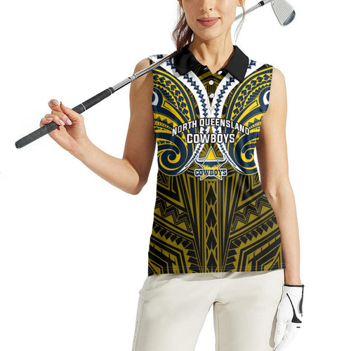 Custom North Queensland Cowboys Women Sleeveless Polo Shirt Bull Warrior Polynesia Islander Rugby Mascot