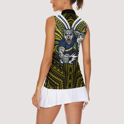 Custom North Queensland Cowboys Women Sleeveless Polo Shirt Bull Warrior Polynesia Islander Rugby Mascot