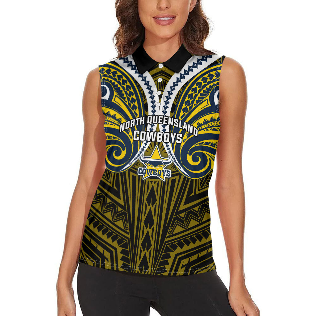 Custom North Queensland Cowboys Women Sleeveless Polo Shirt Bull Warrior Polynesia Islander Rugby Mascot