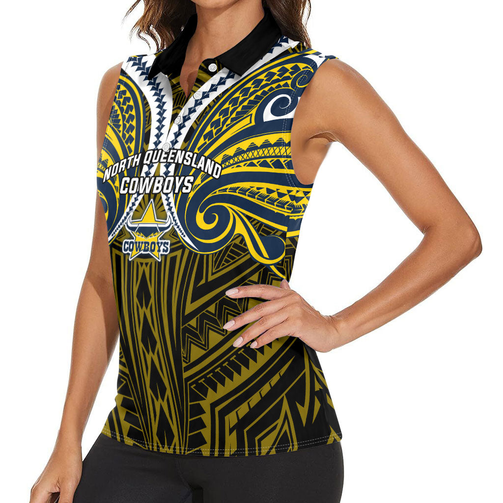 Custom North Queensland Cowboys Women Sleeveless Polo Shirt Bull Warrior Polynesia Islander Rugby Mascot