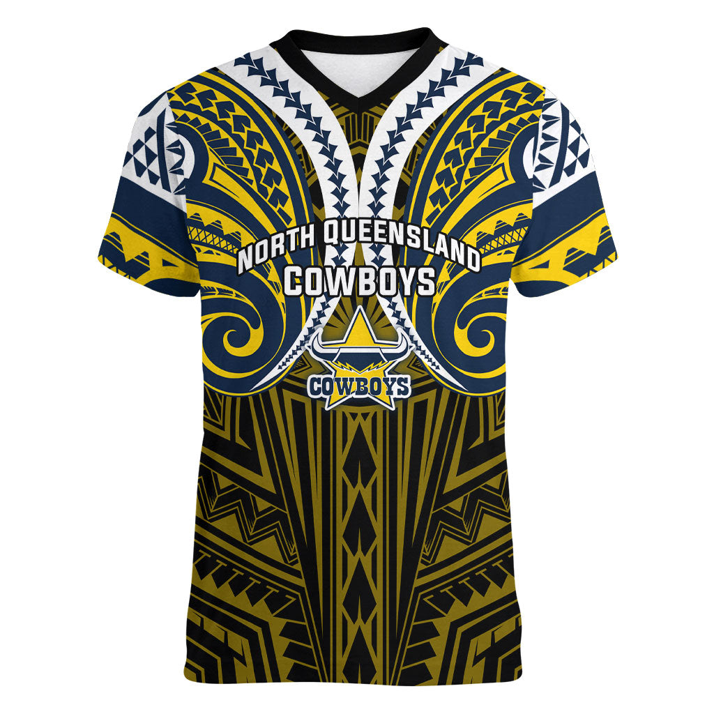 Custom North Queensland Cowboys Women V-Neck T-Shirt Bull Warrior Polynesia Islander Rugby Mascot
