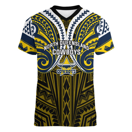 Custom North Queensland Cowboys Women V-Neck T-Shirt Bull Warrior Polynesia Islander Rugby Mascot