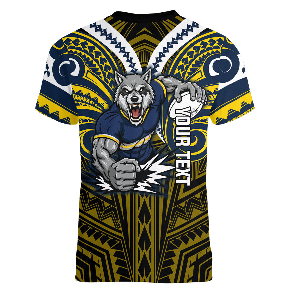 Custom North Queensland Cowboys Women V-Neck T-Shirt Bull Warrior Polynesia Islander Rugby Mascot