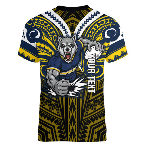 Custom North Queensland Cowboys Women V-Neck T-Shirt Bull Warrior Polynesia Islander Rugby Mascot