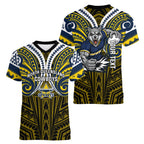 Custom North Queensland Cowboys Women V-Neck T-Shirt Bull Warrior Polynesia Islander Rugby Mascot