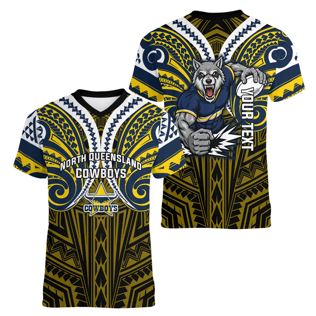 Custom North Queensland Cowboys Women V-Neck T-Shirt Bull Warrior Polynesia Islander Rugby Mascot