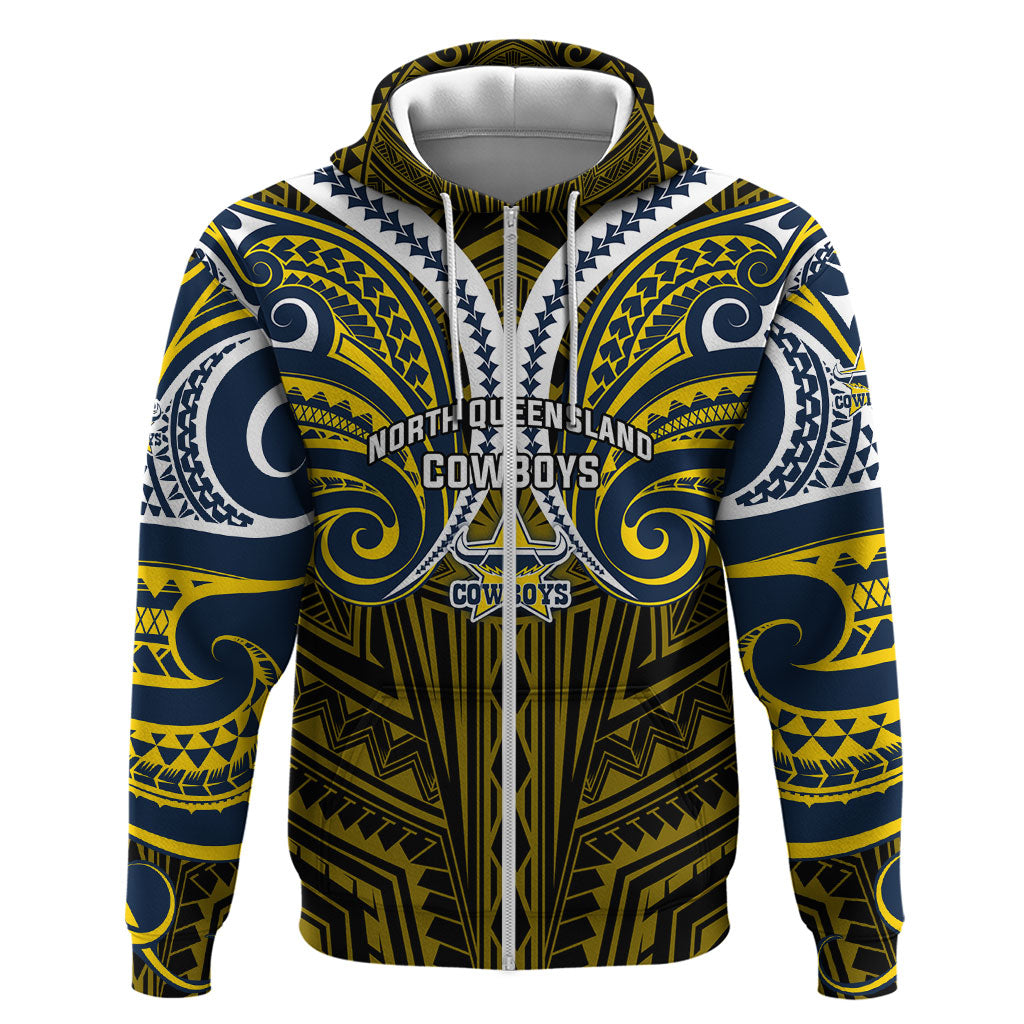 Custom North Queensland Cowboys Zip Hoodie Bull Warrior Polynesia Islander Rugby Mascot