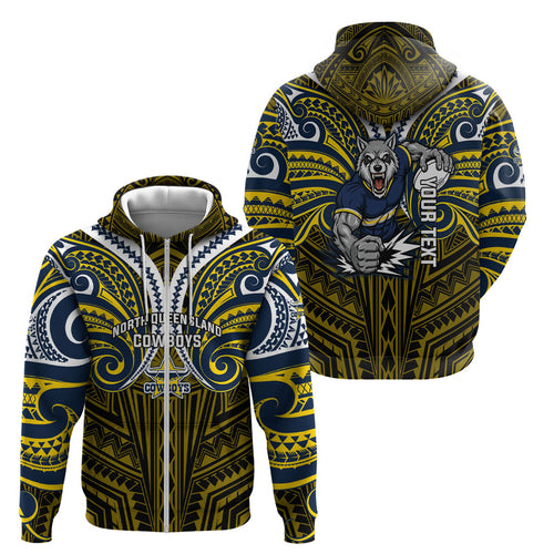 Custom North Queensland Cowboys Zip Hoodie Bull Warrior Polynesia Islander Rugby Mascot
