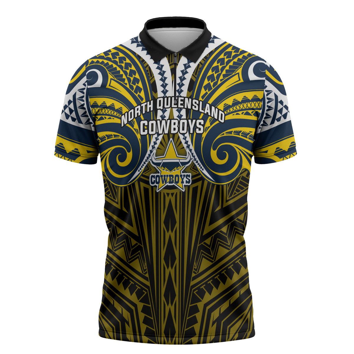 Custom North Queensland Cowboys Zipper Polo Shirt Bull Warrior Polynesia Islander Rugby Mascot