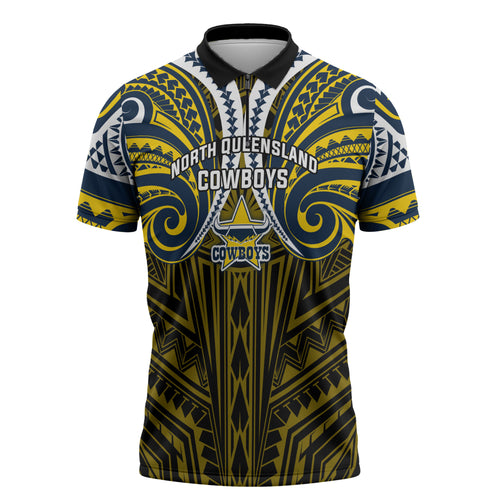 Custom North Queensland Cowboys Zipper Polo Shirt Bull Warrior Polynesia Islander Rugby Mascot