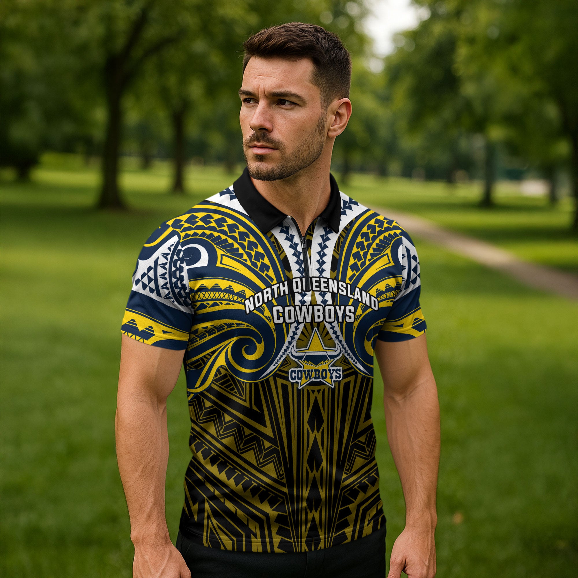 Custom North Queensland Cowboys Zipper Polo Shirt Bull Warrior Polynesia Islander Rugby Mascot