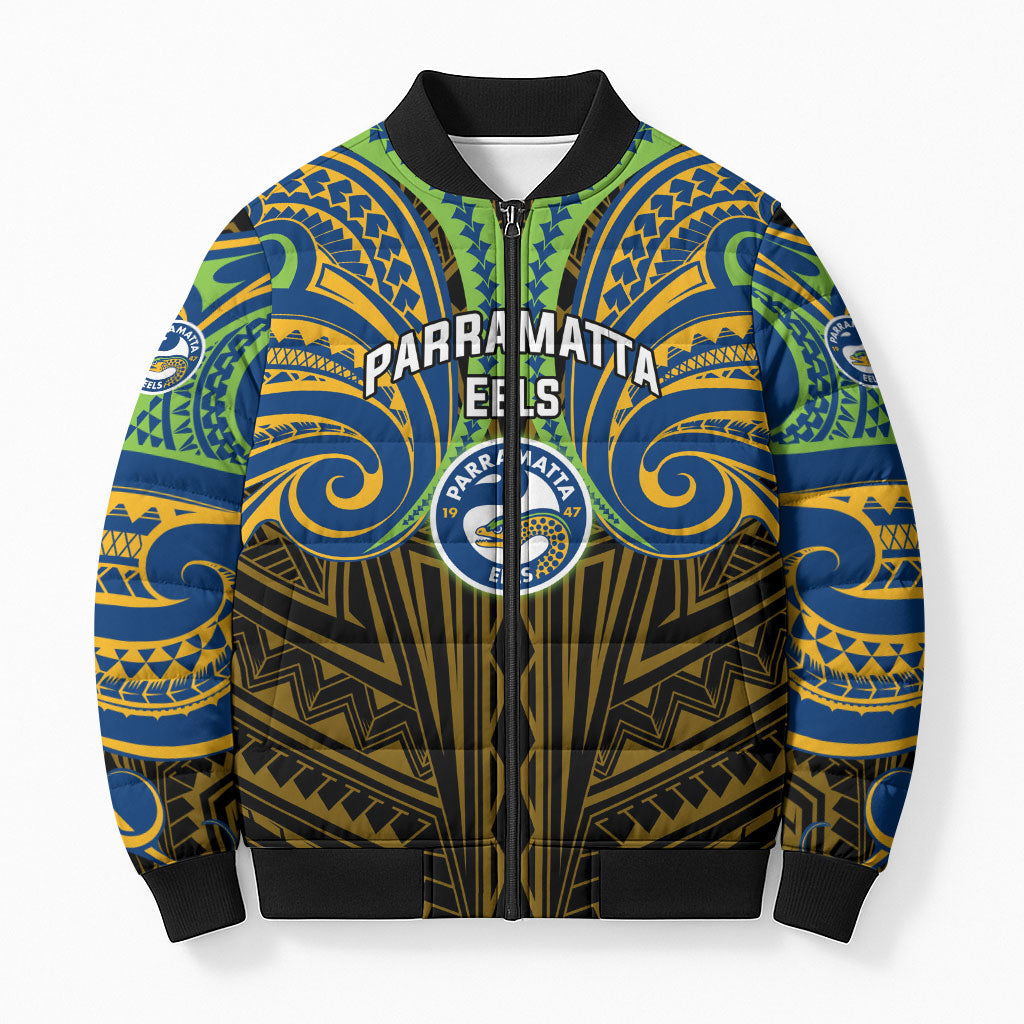Custom Parramatta Eels Bomber Puffer Jacket Eel Warrior Polynesia Islander Rugby Mascot