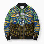 Custom Parramatta Eels Bomber Puffer Jacket Eel Warrior Polynesia Islander Rugby Mascot