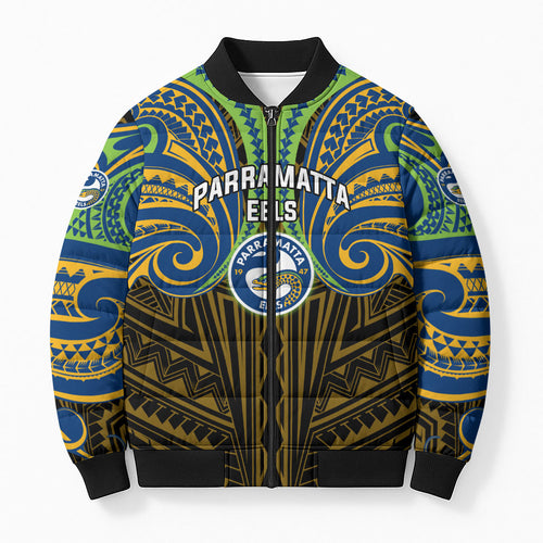 Custom Parramatta Eels Bomber Puffer Jacket Eel Warrior Polynesia Islander Rugby Mascot