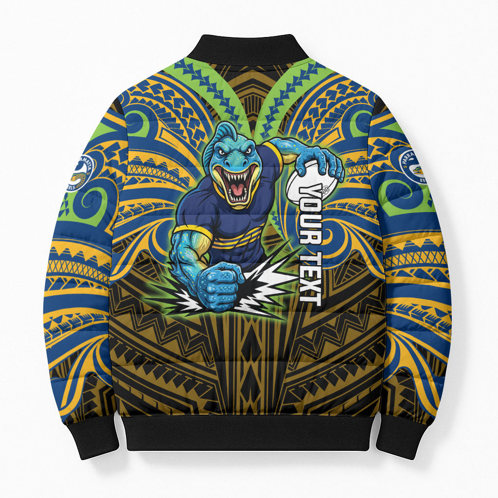 Custom Parramatta Eels Bomber Puffer Jacket Eel Warrior Polynesia Islander Rugby Mascot